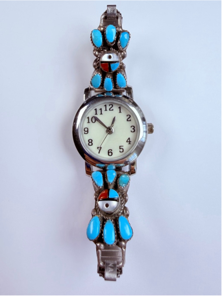 Native American Zuni Ernest A. Zunie Sunface Turquoise Sterling Watch Tips Band